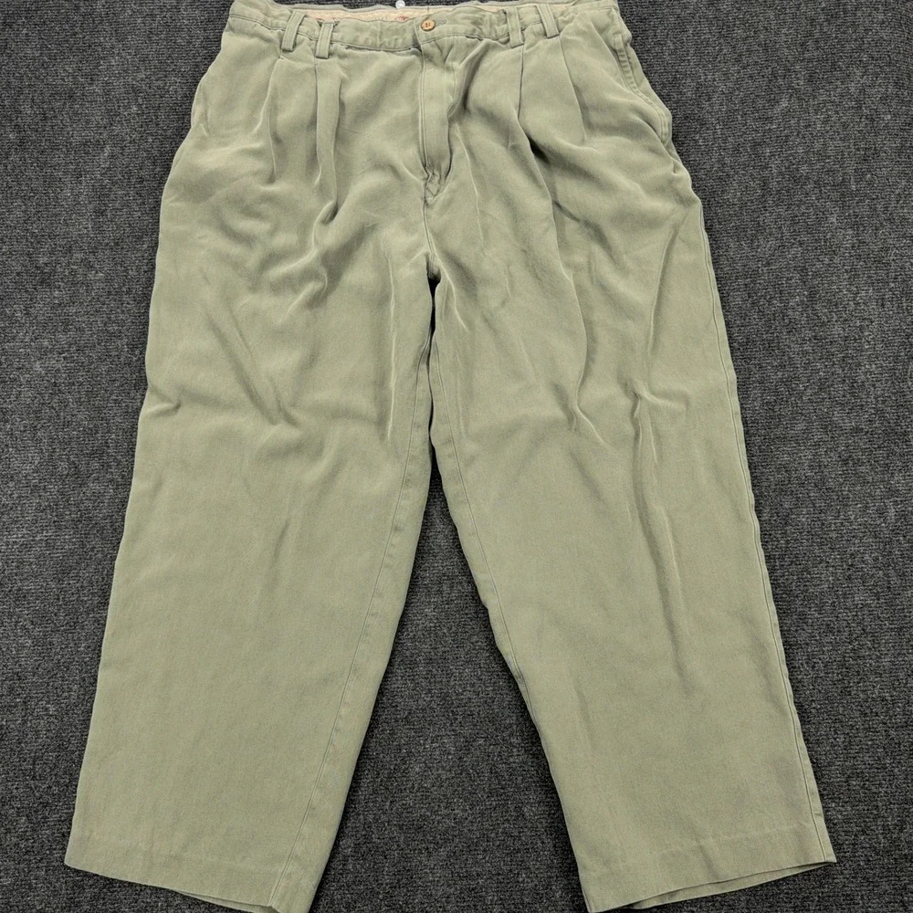 Tommy Bahama Relaxed Pleated Herringbone 100% Silk Trousers Size 38 Sage Green